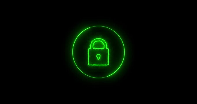 Abstract glowing neon lock icon  animation on black background. With circle lock icon protection safety security privacy password circle closed sign symbol