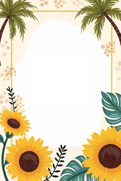 Template summer greeting card with flat design style and vibrant colors, featuring stylized illustrations of sunflowers, palm trees