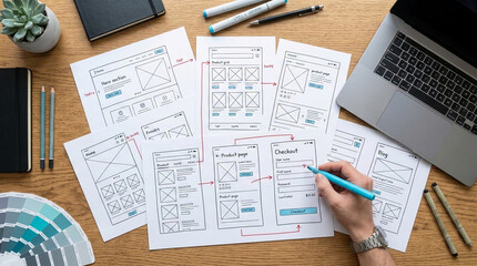 Obraz premium Paper sketches of website interface design, showing user flow and layout, representing the creative process of digital product development and planning