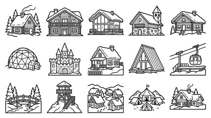 Collection of Diverse Buildings: Houses, Castle, Igloo, Cabin, Ski Lift, Tents, Tower © Emilo