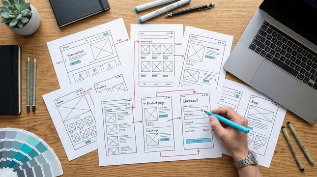 Paper sketches of website interface design, showing user flow and layout, representing the creative process of digital product development and planning