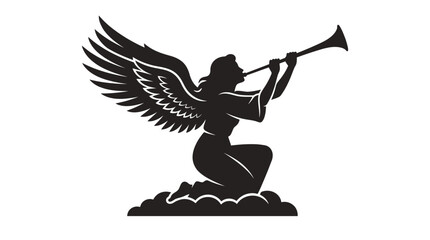 Christmas Angel, winged silhouette, trumpet player, black icon, white background vector © Md