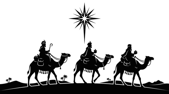 Christmas Three Wise Men riding camels, star of Bethlehem, Christmas vector silhouette, nativity scene, desert landscape vector