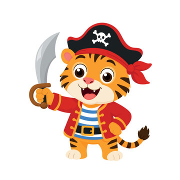 Cute pirate tiger cub wearing a captain's hat, red coat and striped shirt, holding a curved cutlass. Flat vector cartoon isolated on white background.