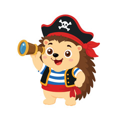 Cute pirate hedgehog wearing a captain's hat, striped shirt and vest, holding a brass spyglass. Flat vector cartoon isolated on white background.