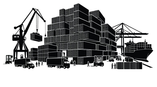 Black and white silhouette illustration depicting a busy shipping port with large cargo containers cranes trucks and workers operating in a global logistics trade terminal