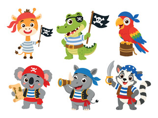Obraz premium Cute pirate animal collection with giraffe, crocodile, parrot, koala, rhinoceros and lemur. Flat vector cartoon characters isolated on white background