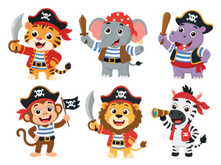 Obraz premium Cute pirate animal cartoon collection featuring tiger, elephant, hippo, monkey, lion and zebra. Flat vector illustrations isolated on a white background.