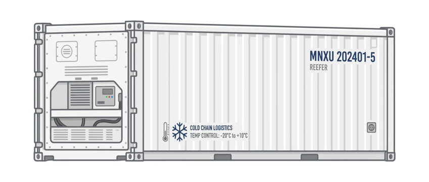 Reefer container illustration, logistic transport, cold chain shipping, white background