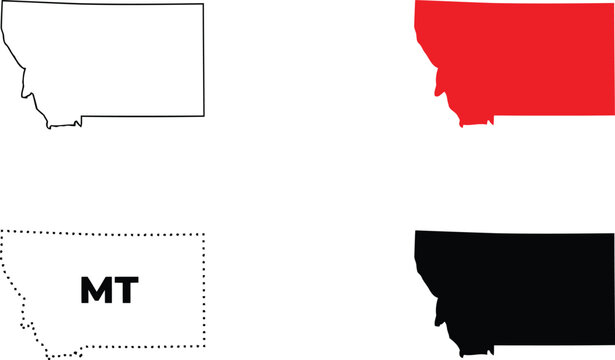 Four map outlines of the us state of montana in black, red, and dotted line styles with the abbreviation mt label included for geography