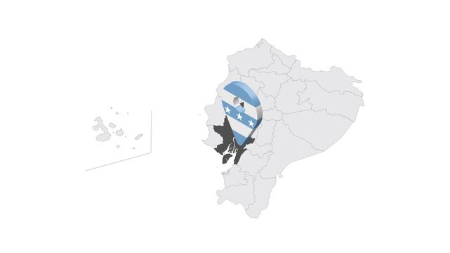 Location Guayas Province on map Ecuador. 3d Guayas Province emblem map marker location pin. Map of Ecuador showing different parts. 4K.  Animated Video