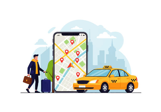 Vector flat design illustration of a man with luggage next to a yellow taxi and a smartphone displaying a map