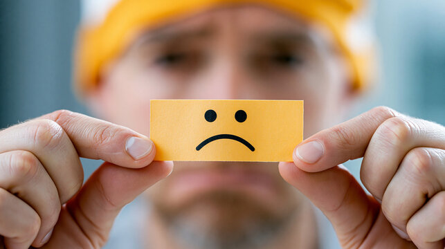 Mann in gelber Baumwollm&uuml;tze h&auml;lt traurige Smiley-Karte hoch