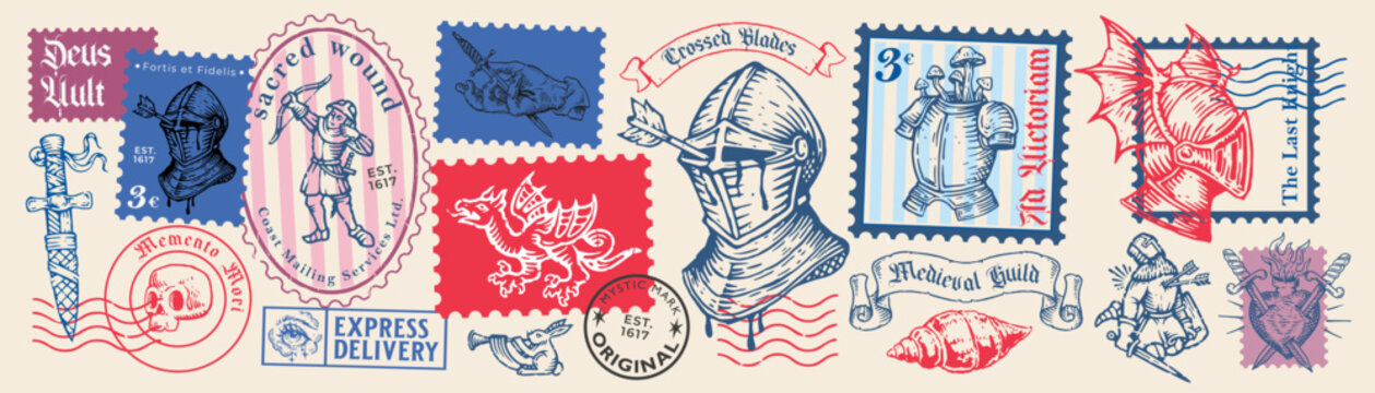 Vintage medieval postage stamp collection featuring knights, crusader helmets, swords, heraldic emblems, gothic hearts, griffin and engraved fantasy elements. Retro tattoo-inspired vector set.