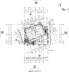 Comprehensive orthographic floor plan drawing of a mosque prayer hall and residential layout, featuring detailed elevation markers and structural assembly grids for architectural design © achmad