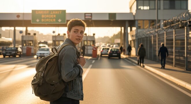Young man with backpack at border crossing looking back