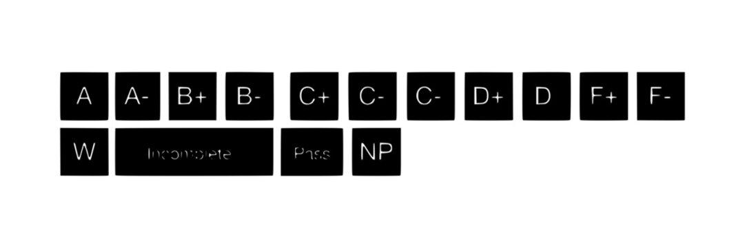 Grade Labels Featuring Letter Grades and Academic Statuses on Black Squares Featuring Label, Status, a with B and C Elements