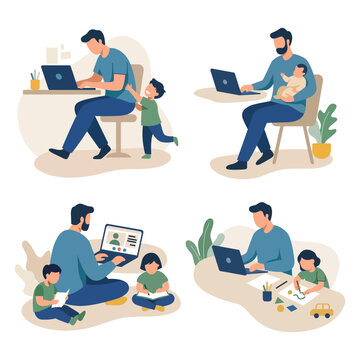 Multitasking remote working father balancing office work from home and babysitting his children in modern flat vector illustration pack