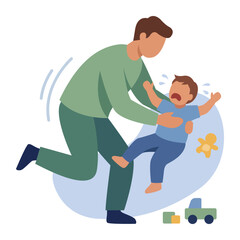 Naklejka premium Loving father catching his crying toddler who is running away with scattered toy cars on the floor