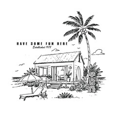 Vintage Tropical Beach House Tiki Vacation Illustration © purify