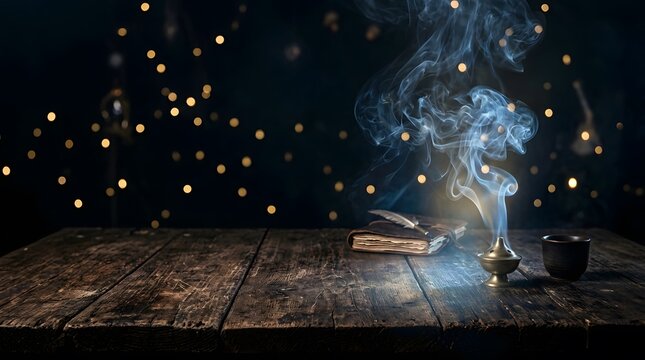 Happy halloween a spooky still life with smoke books and bokeh lights