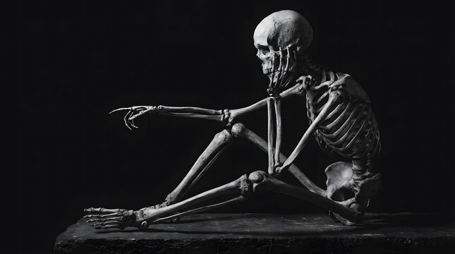 Happy halloween dramatic skeleton portrait on black background for spooky decor