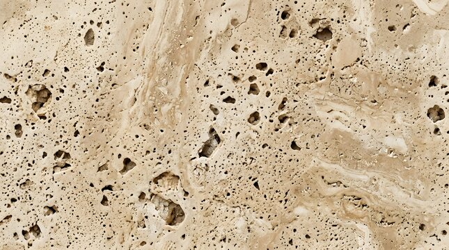 Close up texture of natural beige travertine stone surface with porous patterns
