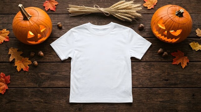 Happy halloween t shirt mockup with pumpkins and autumn foliage