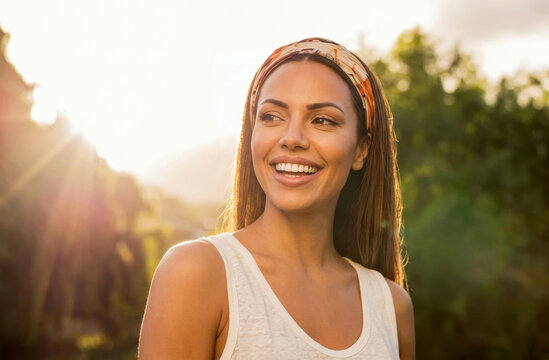 Portrait of a beautiful young woman with long brown hair wearing a patterned headband and white tank top, smiling