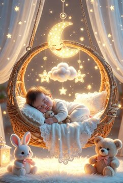 A sleeping baby in a hanging wicker chair decorated like a swing in the shape of a moon with stars and clouds. There are soft toys nearby. 