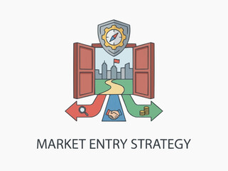 Naklejka premium Market entry strategy with visual representation of different pathways and icons like magnifying glass, handshake, and money for the concept of business planning and growth.