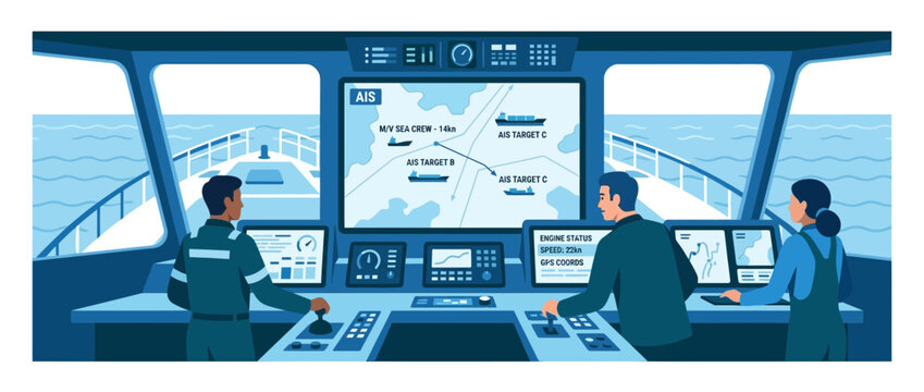 Ship Navigation Bridge: Crew Monitoring AIS Display and Controls on Open Sea