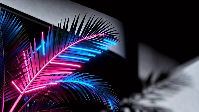 Neon palm leaf against dark background