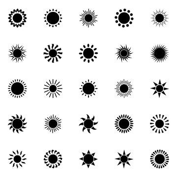 Collection of black sunburst icons on white background