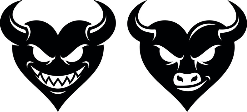 Evil heart shaped devil faces with horns vector illustration expression illustration silhouette