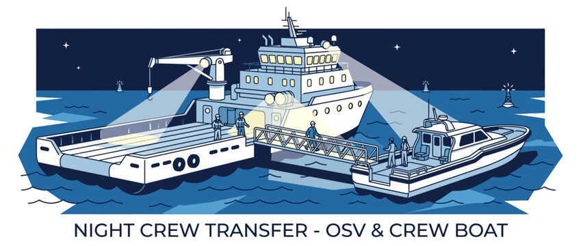 Offshore Crew Transfer at Night: OSV and Crew Boat in Dark Sea