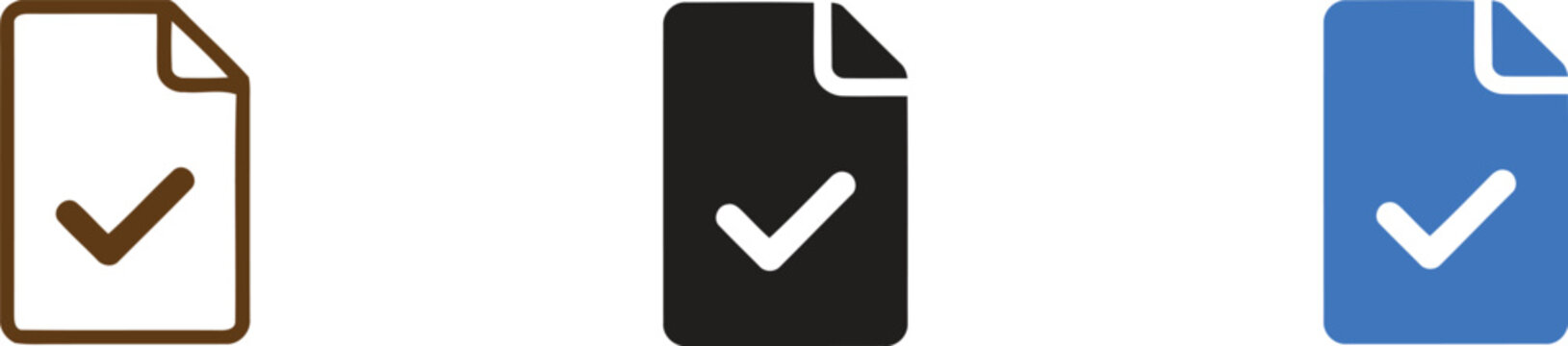 Three document with a checkmark symbol, featuring a brown outline version, a solid black version, and a solid blue version on white background