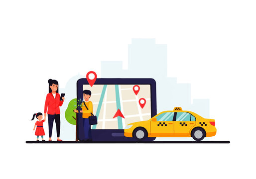 Vector flat design illustration of a family using a mobile app for taxi navigation with a yellow car and city background