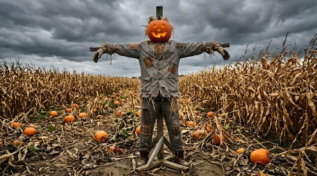 Happy halloween spooky scarecrow in pumpkin patch with dramatic sky