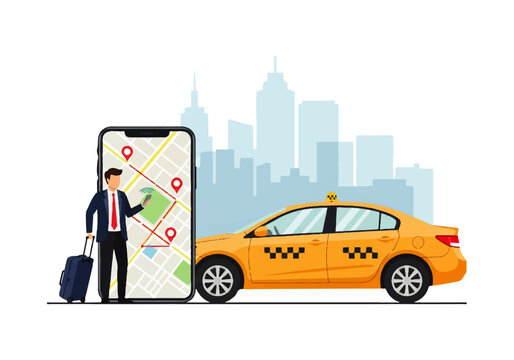 Vector flat design illustration of a businessman with luggage using a mobile app for taxi service in a city skyline