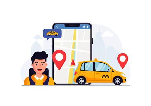 Vector flat design illustration of a man using a mobile app for a taxi ride with GPS navigation and car icon