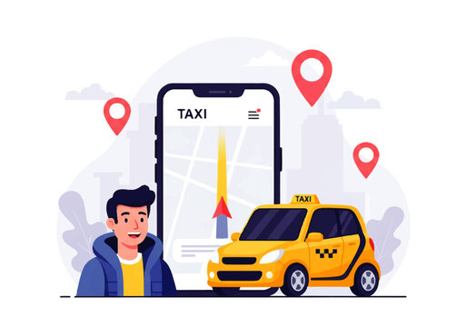 Vector flat design illustration of a man ordering a taxi via a mobile app with GPS navigation and location pins