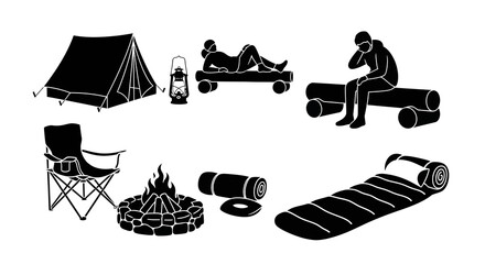Obraz premium Camping gear silhouettes with people relaxing by a campfire and tent