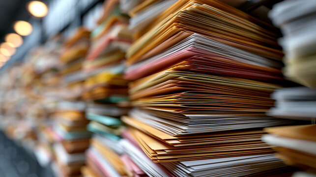 Bunte Aktenstapel lagern dicht gedr&auml;ngt in den Regalen eines Archivs