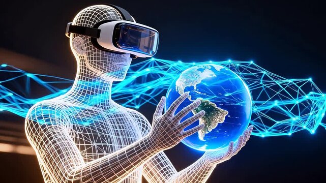 Wireframe human with VR headset holding globe
