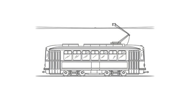 A detailed black and white line drawing depicts a vintage electric streetcar. The tram features a long, streamlined body with numerous windows.