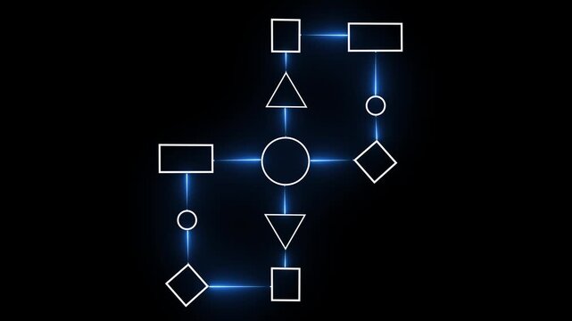 Business process and workflow automation with flowchart. Business and technology concept. Visualizes step-by-step progression through a procedure or system on black background.4K video animation.
