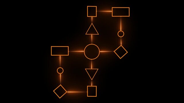 Business process and workflow automation with flowchart. Business and technology concept. Visualizes step-by-step progression through a procedure or system on black background.4K video animation.