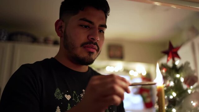 Man lighting a candle near a Christmas tree during the holidays.