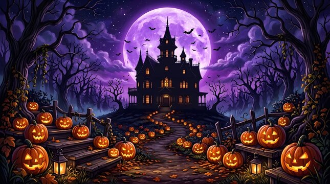 Happy halloween night with spooky castle and glowing pumpkins